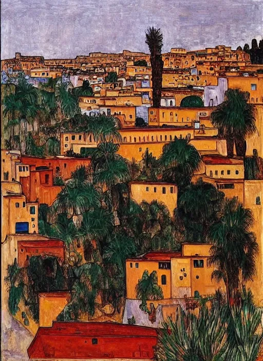 Image similar to small city in morocco with a bridge on local river, ten number house near a lot of palm trees, painting by egon schiele