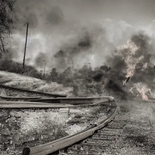 Image similar to trainwreck, boxcar on fire, atmospheric and depressed, post-apocalyptic, Cinematic, film still from a horror movie