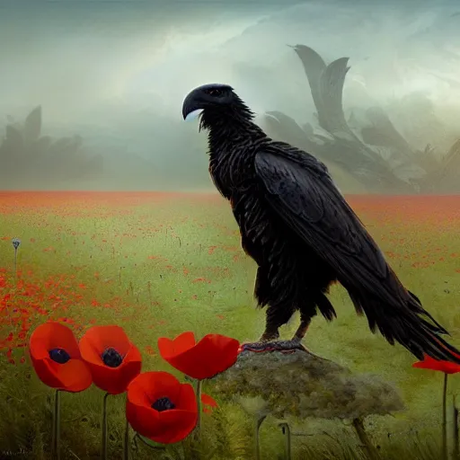 Prompt: a 3d matte painting of a feathered raven in a field of poppies by gerald brom, ellen jewett and aly fell, beautiful detail, dark academia, maroon highlights, gothic, neo-gothic, octane render, trending on artstation