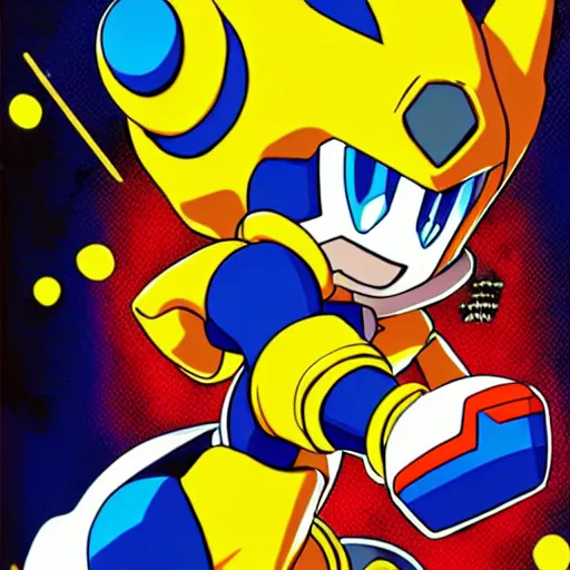 Image similar to Megaman X firing a yellow bubble at Sonic the Hedgehog, Splatter Paint style, Painted By Akihiko Yoshida