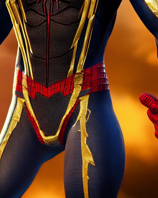 Image similar to photorealistic, hyperdetailed photograph of black spider - man suit with gold webbing by insomniac games