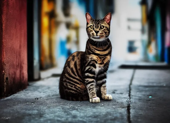 Image similar to photography of a Cat sitting on a box. in a cyberpunk street, award winning photo, colors, 100mm, sharp, high res