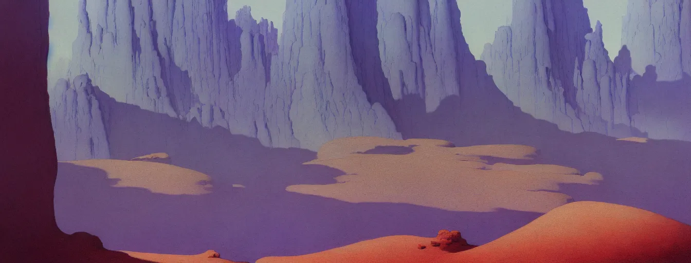 Image similar to a gorgeous blue desert painting by barlowe wayne maxfield parrish and marco mazzoni, grey blue and very little light verdancy. ultra clear detailed. 3 d, octane render. turbulent blood lake.