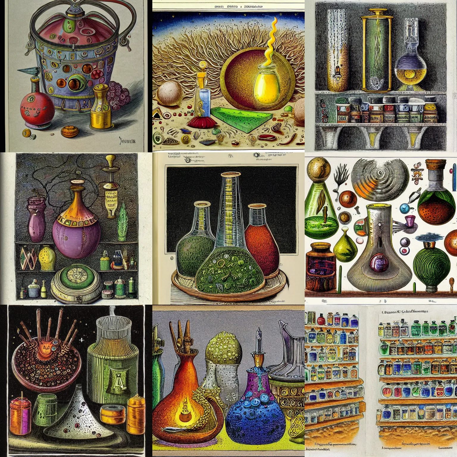 Prompt: alchemical potions, scan of codex seraphinianus