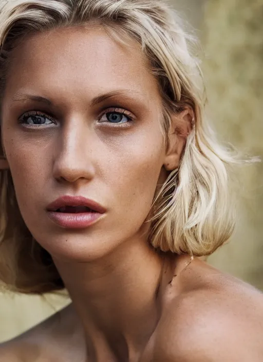 Prompt: photograph of an olive skinned blonde female model in her late twenties, her hair pinned up, wearing a designer top, looking content, focused on her neck, facing the camera, photo realistic, extreme detail skin, natural beauty, no filter, slr, golden hour, 4 k, high definition, selfie, by steve mccurry