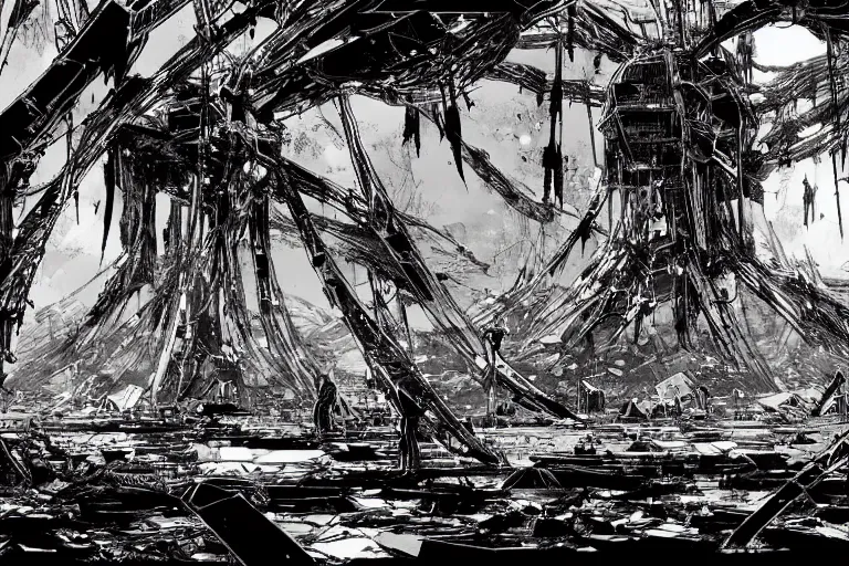 Image similar to no man's land, remnants of the human civilization, post-apocalyspe, by Tsutomu Nihei