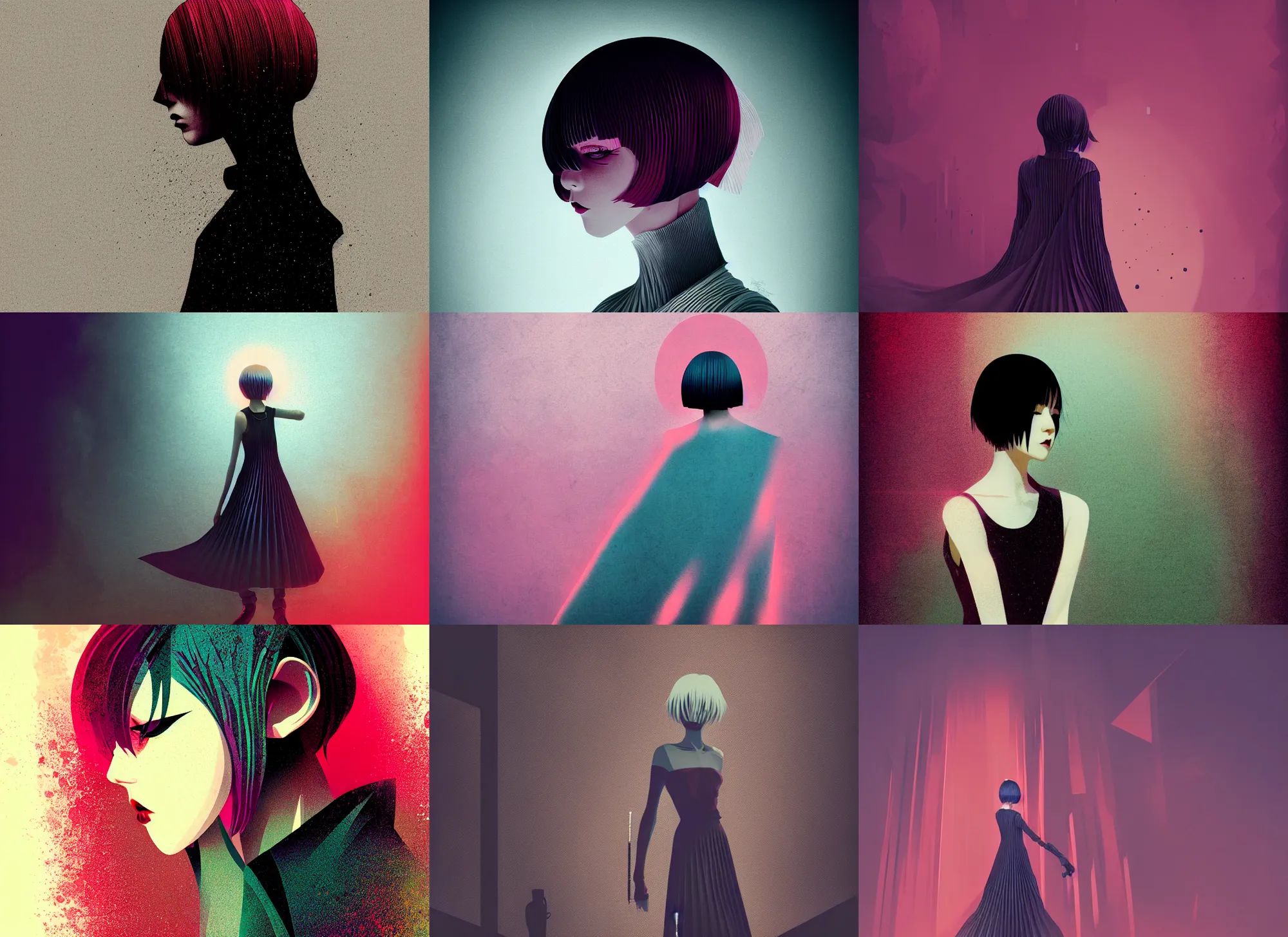Prompt: portrait of women like reol in pleated gothic dress, colorful, modern art deco, mads berg, karolis strautniekas, christopher balaskas, stippled light, fog, moody, fine texture, editorial illustration, dramatic lighting, dynamic composition, detailed, matte print, dynamic perspective, muted color, anime visual