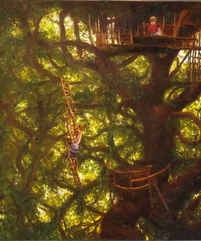 Prompt: masterful oil on canvas painting, eye - level view, shot from 5 0 feet distance, of a kid playing in a treehouse. in the background is a whimsical forest. golden hour, detailed, depth, volume, chiaroscuro, quiet intensity, vivid color palette.