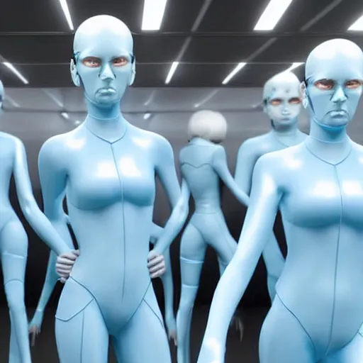 Image similar to troop of cloned women with white bob hairdos, tight light blue neopren suits, futuristic cloning facility, sci - fi, highly detailed, cinematic