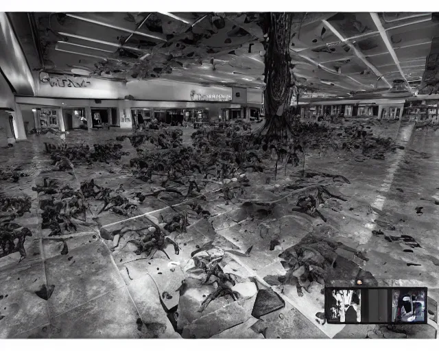 Image similar to camera footage of a Hundreds of Rabid Zerg in an abandoned shopping mall, high exposure, dark, monochrome, camera, grainy, CCTV, security camera footage, timestamp, zoomed in, fish-eye lens, Nightmare Fuel, Evil, Zerg, Brood Spreading, Hive, horrifying, lunging at camera :4