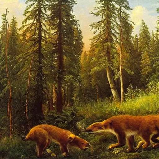 Image similar to shishkin's painting, morning in a pine forest. but instead of bears there are foxes. the picture is over - detailed. canvas, oil. what is a masterpiece.