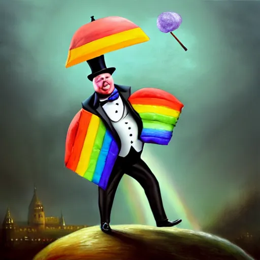 Image similar to 3 d concept art, realistic, of a excessively rotund man juggling twinkies, cycling upon a tight rope in the rain, at night, in a top hat and suit, holding a rainbow umbrella, oil painting, knife palette, with a jolly expression, misty, cobblestone background, victorian, masters painting