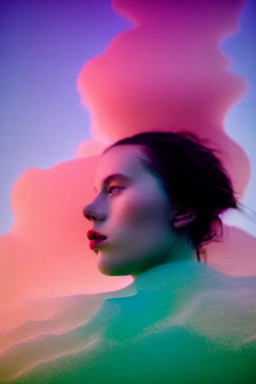 Image similar to high quality pastel coloured film close up wide angle photograph of a model wearing clothing swimming on cloud furniture in a icelandic black rock!! environment in a partially haze filled dreamstate world. three point light, rainbow. photographic production. art directed. pastel colours. volumetric clouds. pastel gradient overlay. waves glitch artefacts. extreme facial clarity. 8 k. filmic.