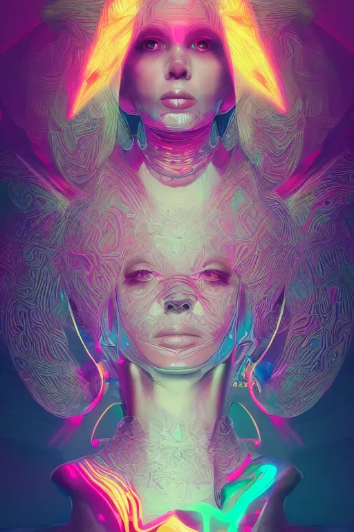 Image similar to photo of surreal goddes of war in neon lighting, elegant, highly detailed, smooth, sharp focus, trippy, dmt, psychedelic, illustration, beautiful, geometric, trending on artstation, cinematic, artwork by WLOP