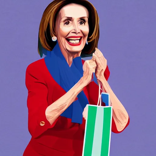 Prompt: nancy pelosi laughing while holding a giant bag filled with money, trending on artstation, detailed illustration
