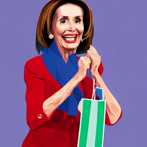 Image similar to nancy pelosi laughing while holding a giant bag filled with money, trending on artstation, detailed illustration