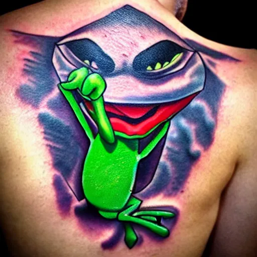 Image similar to tattoo of kermit the frog from sesame street dressed as the joker