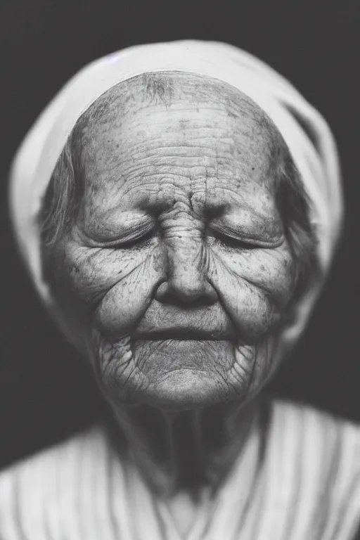 Image similar to A hyper-realistic black and white photograph taken with a 50mm 1.4 lens of a 180-year-old woman with her eyes closed.