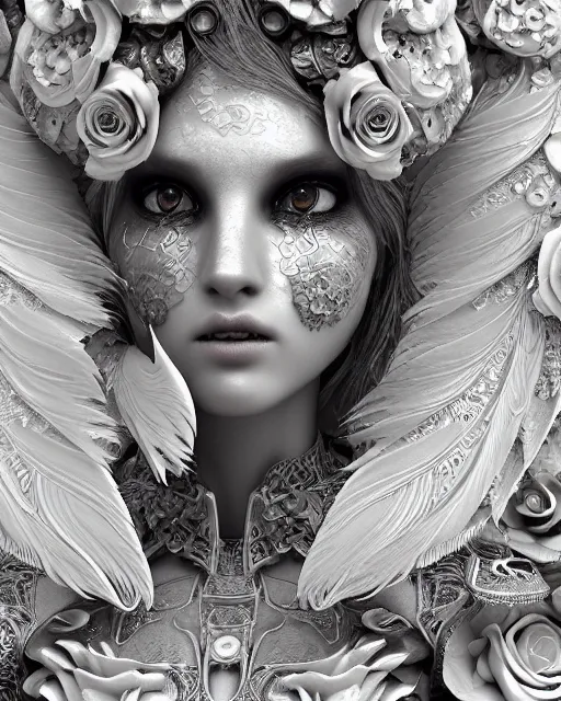 Image similar to bw dreamy close - up profile face, beautiful young porcelain intricate steampunk bio - mechanical vegetal - dragon - cyborg - female, white roses ornate metallic armour, white fluffy feathers, fine mandelbrot fractal lace, 1 5 0 mm, soft rim light, elegant, hyper real, ultra detailed, octane render, hg giger, 1 6 k