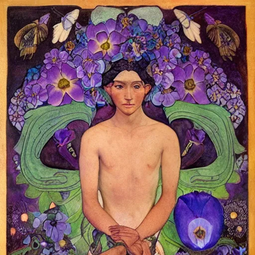 Image similar to the flower prince, by Annie Swynnerton and Nicholas Roerich and Diego Rivera, bioluminescent skin, tattoos, wings made out of flowers, elaborate costume, geometric ornament, symbolist, cool colors like blue and green and violet, smooth, sharp focus, extremely detailed