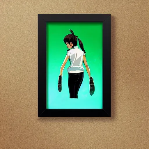 Prompt: shirt art, frame around picture, manga style, realistic lighting, futuristic solid colors, made by ilya kuvshinov, sold on sukebannyc, from arknights, female beach volley player, elegant, round eyes, sport clothing, sneaker shoes, simple green background