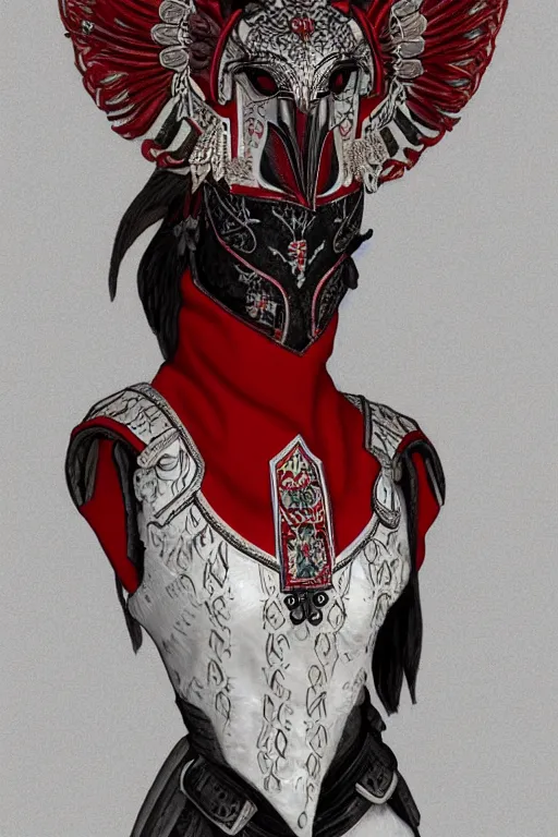 Image similar to female adventurer in tight full - body white embroidered leather armor of vyshyvanka design with red accents and a red porcelain crow mask, trending in artstation, ukrainian, establishing shot