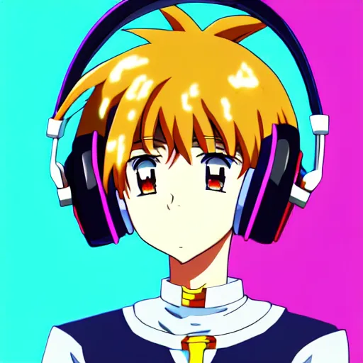 Image similar to An anime character's head wearing retro headphones. 90s anime, Sailor Moon, Neon Genesis, official art, flat cell shading, fantastic screenshot art, trending on artstation, muted nostalgic colors