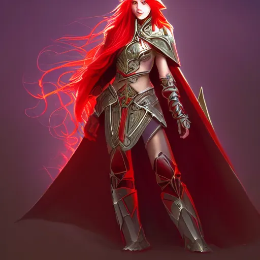 Image similar to a female elven cleric with red long hair, very good beautiful heavy scale armor, wearing a cape, casting a fire spell, magical, bright, colorful, fantastic lighting, amazing details, 4 k uhd, illustration by stephanie brown and mingchen shen and ilya kuvshinov, artstation, pixiv, concept art,