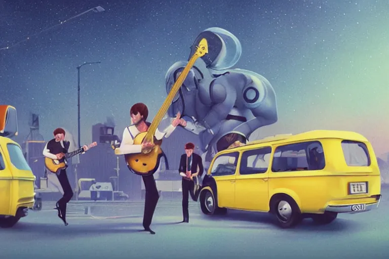 Image similar to the beatles performs with guitar on a yellow flying minivan, sci fi, art by mike winkelmann, trending on cgsociety, retrofuturism, darksynth, sci - fi