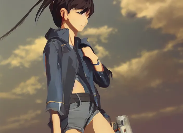 Prompt: tomboy fantasy character, a fantasy digital painting by Makoto Shinkai, trending on Artstation, highly detailed