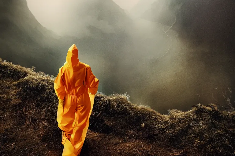 Prompt: a cinematic portrait of a beautiful model woman wearing hazmat suit, on the top of a mountain, overlooking a vast serene forest, large diffused light, neon light, 4 k, ultra realistic, dramatic lighting, rain, clouds, fog, vogue, fashion, glamour, magazine spread, by marco mazzoni and jessica rossier