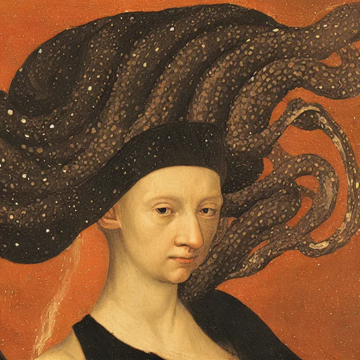 Image similar to a closeup portrait of an eel - headed woman, head of an eel, in a nebula, early netherlandish painting