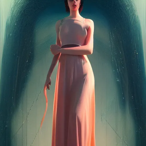 Image similar to tom bagshaw, vaporwave girl in full long dress, curiosities, accurate features, focus, very intricate ultrafine details, random volumetric lighting, fog, award winning masterpiece, octane render 8 k hd, artstation