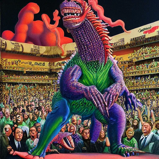 Image similar to beautiful lifelike painting of godzilla breakdancing at a rap concert, hyperreal detailed facial features and uv lighting, art by ed roth and basil wolverton