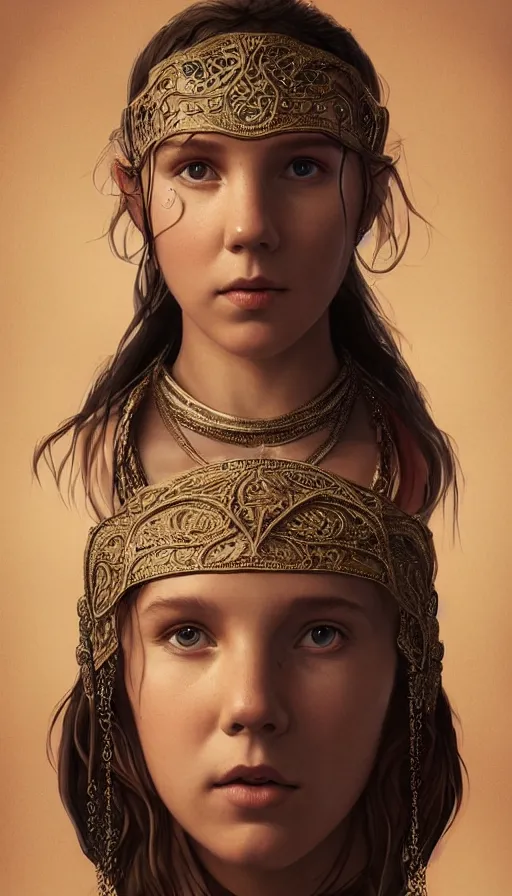 Prompt: girl millie bobby brown, mongolian shaman clothing, ritual, fame of thrones, fibonacci, sweat drops, intricate fashion clothing, insane, intricate, highly detailed, surrealistic, digital painting, artstation, concept art, smooth, sharp focus, illustration, unreal engine 5, 8 k, art by artgerm and greg rutkowski and alphonse mucha