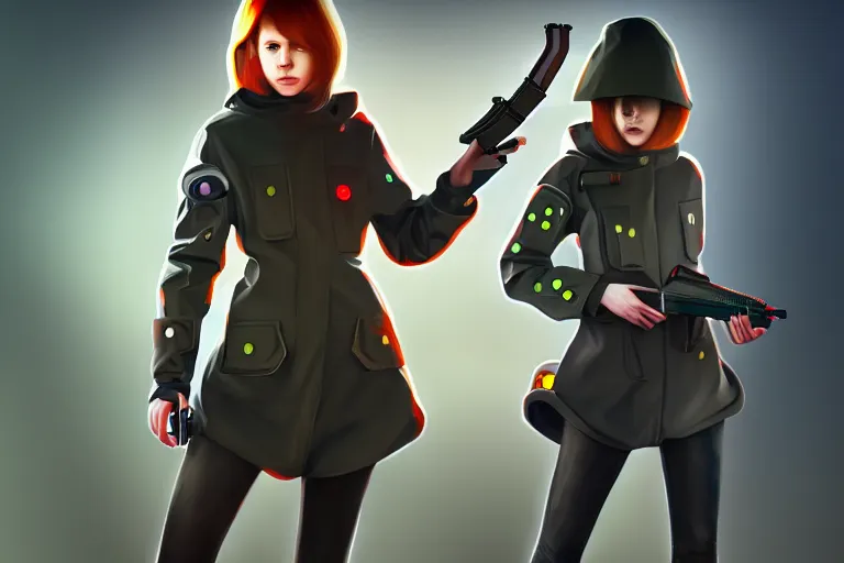 Prompt: girl in a futuristic raincoat, holding a revolver, character concept art, valorant game style, digital art, many details, super realistic, high quality, 8 k