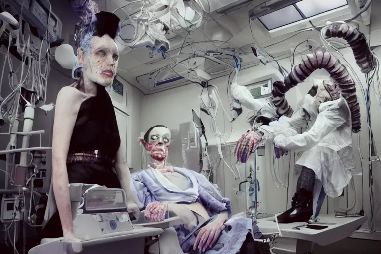 Image similar to 35mm color, last photo, portrait, fashion shoot, weird, random, strange, spooky, hyperdetailed, photorealistic, high fashion, interesting, medical research facility, by David Cronenberg and WETA digital