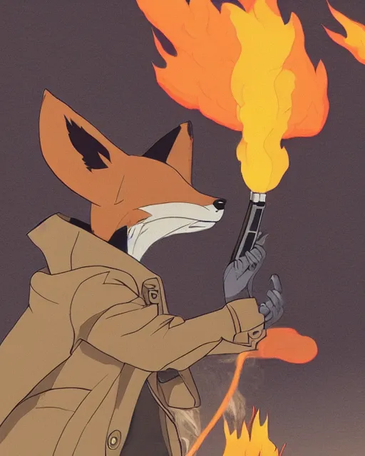 Image similar to a fox in a black trench - coat, smoking a cigarette in front of a huge explosion in the middle of a war, style of anime