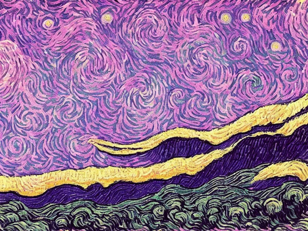 Prompt: pink starry night by van gogh, pink, pink