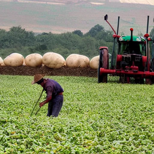 Prompt: farmer mistreating potatoes, disturbing