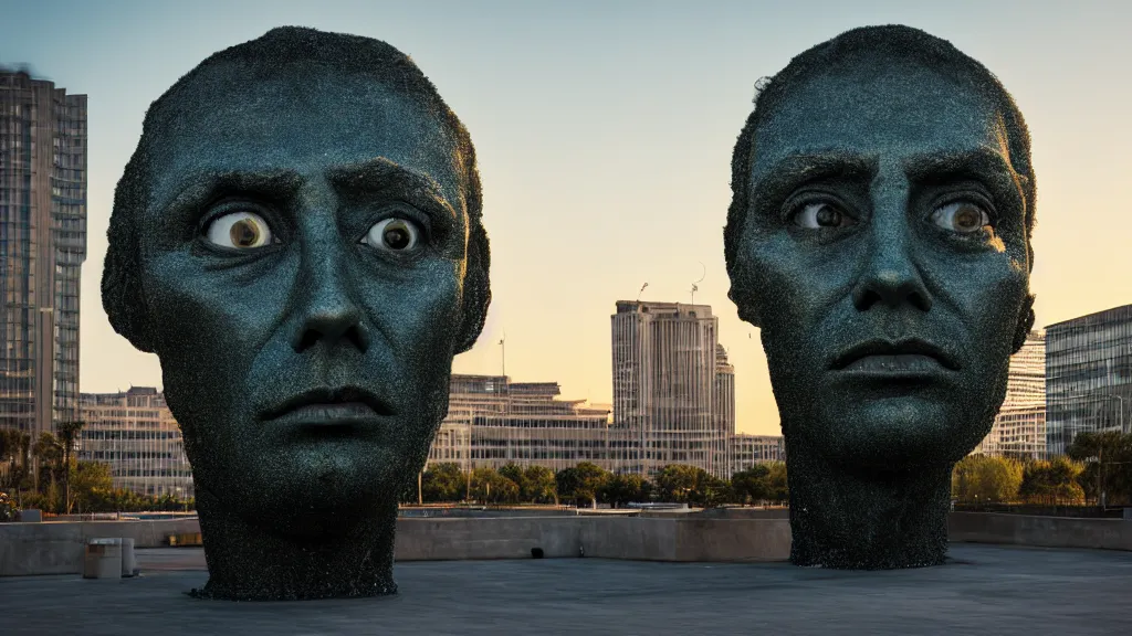 Image similar to the strange giant head at the office building, made of oil and water, film still from the movie directed by Denis Villeneuve with art direction by Salvador Dalí, golden hour