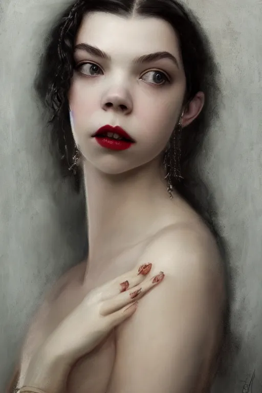 Image similar to a portrait of an elegant beautiful dark bohemian vampire woman, smooth face, glamour shot, (Anya Taylor-Joy), bored, illustration, dramatic lighting, soft details, painting oil on canvas, art nouveau, octane render, HDR, 4k, 8k, HD, by Edmund Blair Leighton, Brom, Charlie Bowater, trending on artstation,