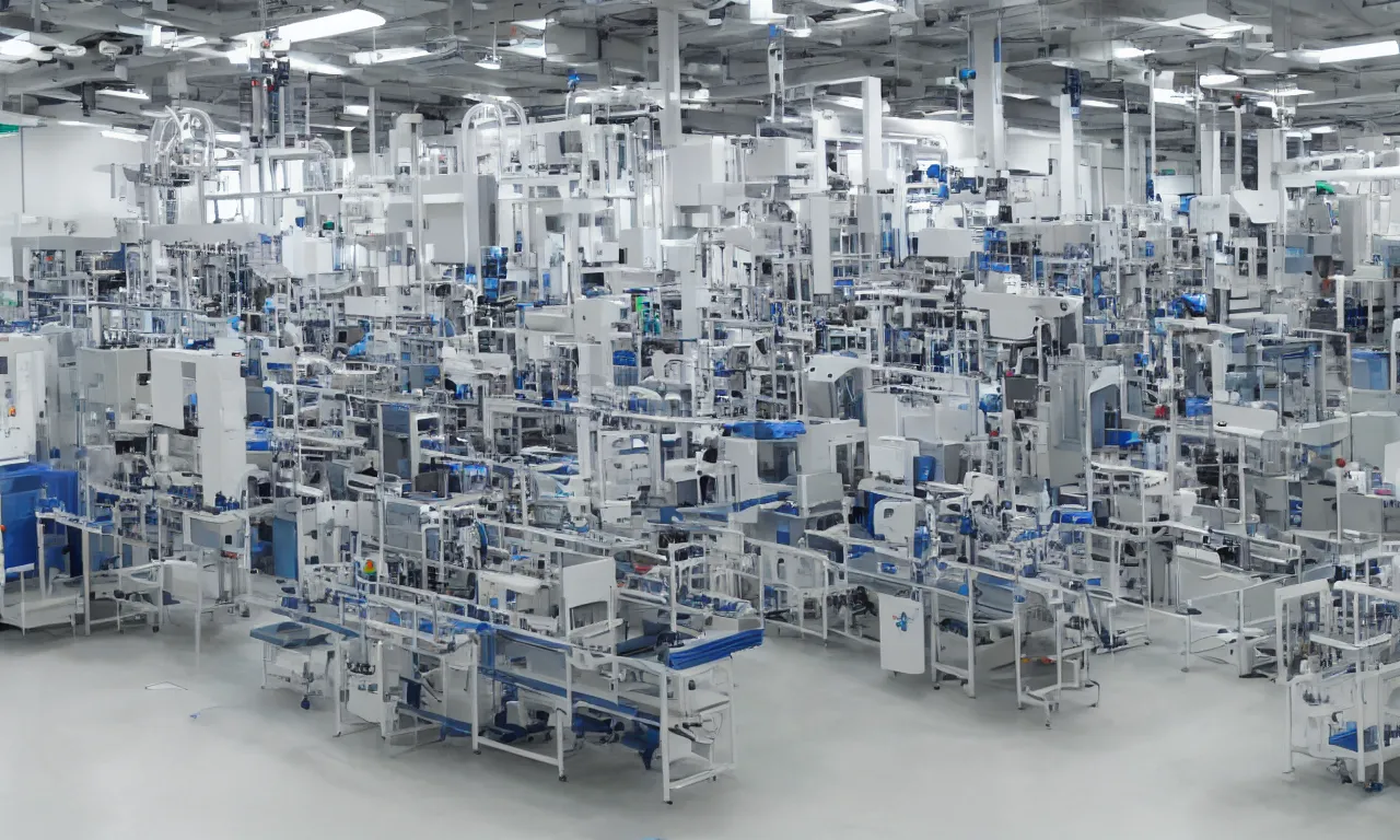 Prompt: automated pharmaceutical production line with robotic arms, technology, big, bright, sterile environment, clean