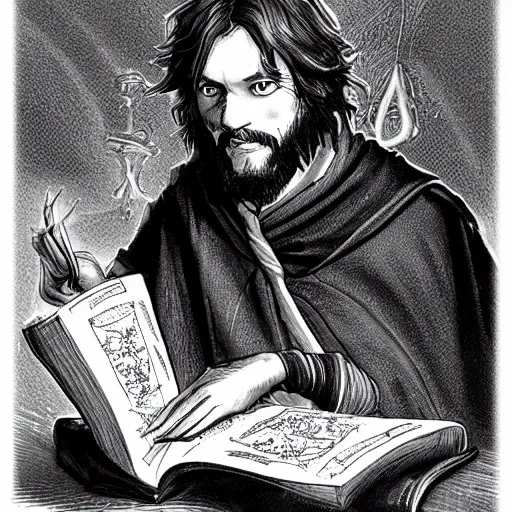 Prompt: Young John Malkovich with short brown hair and brown beard in a cloak half-elf Divination Wizard studying a spellbook Pathfinder character art d&d character portrait