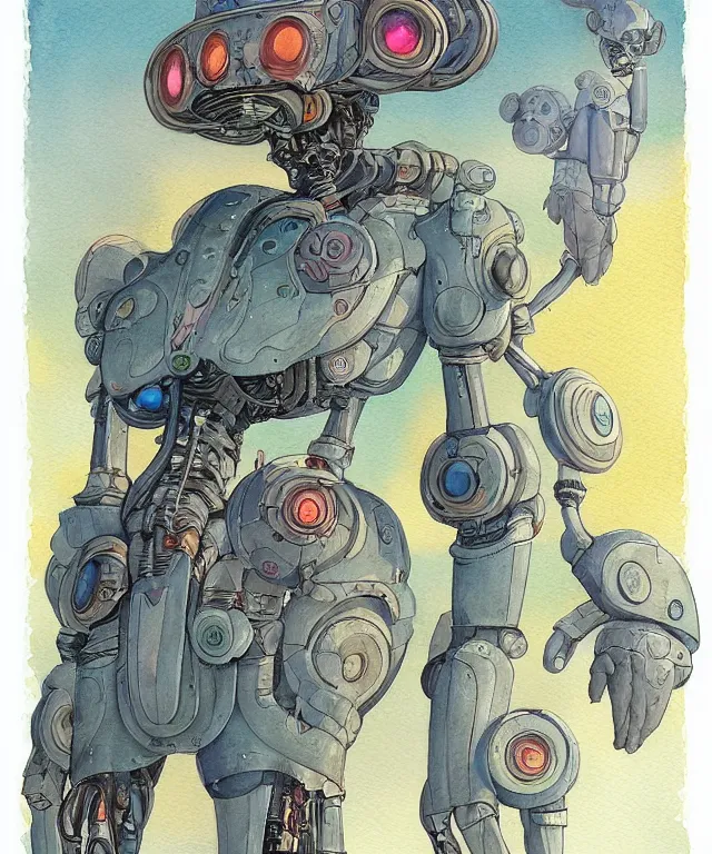 Image similar to a watercolor painting character portrait of a robot machine mutant in the style of jean giraud in the style of moebius trending on artstation deviantart pinterest detailed realistic hd 8 k high resolution