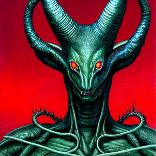 Image similar to realistic alien with horns. red eyes, human eyes, background flames, by wayne barlowe