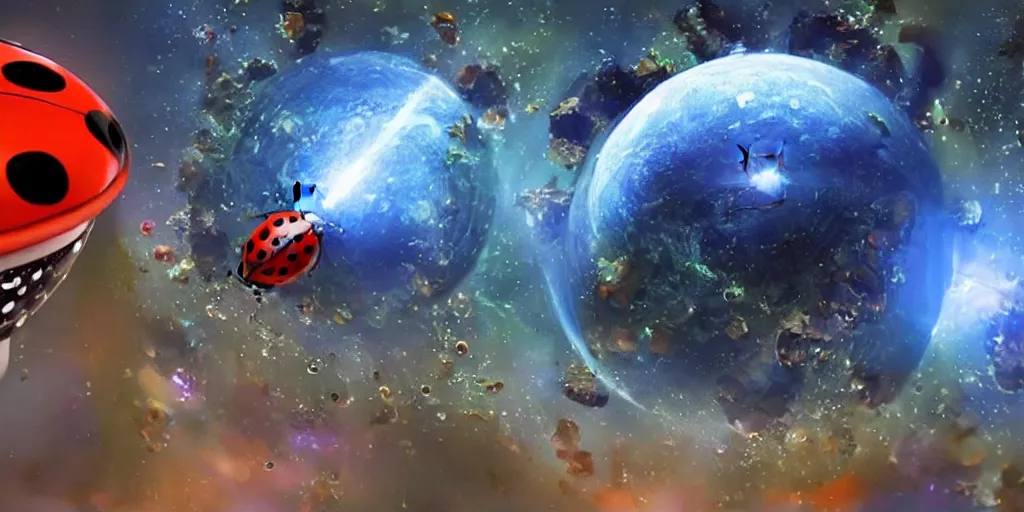 Image similar to a 3 d rendered movie still a ladybug descendant 1 million into the future. the ladybug is sentient, wears a spacesuit, and explores cosmos in a super awesome space ship. science fiction blockbuster movie ladybugs rule the world or my stepmom is a ladybug from the future, imax 7 0 mm. 2 0 0 1 a space odyssey ( film )