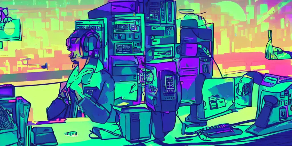 Image similar to discord moderator in front of a computer, lo-fi beats, synthwave