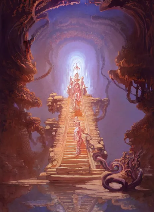 Image similar to a painting of an ancient underground dungeon temple, intricate, elegant, highly detailed, swirly magic ripples, pastel colors, digital matte painting, artstation, concept art, by greg manchess, huang guangjian, gil elvgren, sachin teng, greg rutkowski, jesper ejsing, ilya kuvshinov