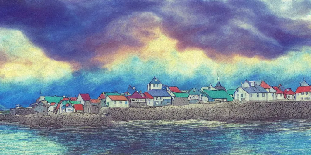 Image similar to a beautiful painting of a icelandic fishing village, storm clouds gathering over the town, by studio ghibli 8 k pastel colours, smeared watercolours, golden light film grain